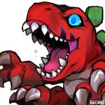  artist_name blue_eyes claws digimon digimon_(creature) dinosaur no_humans open_mouth sharp_teeth simple_background sinobali solo teeth tyrannosaurus_rex tyranomon upper_body watermark white_background 