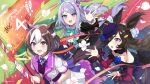  animal_ears blue_flower blue_rose blush bow breasts brown_hair cygames ear_bow flag flower hair_over_one_eye hat hat_flower holding holding_flag horse_ears horse_girl horse_tail long_hair long_sleeves mejiro_mcqueen_(umamusume) midriff_peek multicolored_hair open_mouth purple_bow purple_eyes purple_hair rice_shower_(umamusume) rose special_week_(umamusume) tail umamusume white_hair 