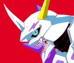  armor black_skin blue_eyes colored_lineart colored_skin digimon digimon_ghost_game horn_ornament horns monochrome_background multiple_horns omegamon open_mouth purple_armor red_background saliva saliva_trail saliva_trail_between_teeth seevah shadow sharp_teeth simple_background teeth white_armor 