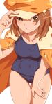  1girl aonori_misuji bakemonogatari blue_one-piece_swimsuit brown_eyes brown_hair cabbie_hat covered_navel cowboy_shot hat holding holding_clothes holding_hat jacket jacket_on_shoulders leaning_forward medium_hair monogatari_(series) one-piece_swimsuit orange_jacket school_swimsuit sengoku_nadeko solo swimsuit 