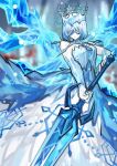  1girl angela_(project_moon) blue_dress crown dress e.g.o_(project_moon) facing_viewer hair_over_eyes highres holding holding_sword holding_weapon ice ice_wings library_of_ruina medium_hair nishikujic project_moon snow_queen_(lobotomy_corporation) snowflake_print snowflakes solo sword weapon wings 