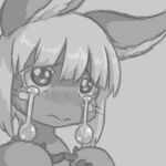  ambiguous_gender anthro begging black_and_white blush bodily_fluids buneposter emote grey_background greyscale long_ears made_in_abyss monochrome nanachi narehate nude portrait simple_background solo tears 