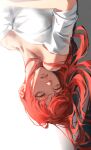  1girl absurdres chainsaw_man dress hair_flowing_over highres kozzz_y long_hair looking_to_the_side makima_(chainsaw_man) parted_lips red_hair ringed_eyes sideways simple_background solo white_background white_dress yellow_eyes 