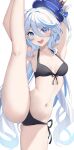  1girl :d ahoge armpits arms_up bare_arms bare_legs bare_shoulders bikini black_bikini blue_eyes blue_hair blue_headwear blush commentary_request front-tie_bikini_top front-tie_top furina_(genshin_impact) genshin_impact hair_between_eyes hat highres leg_up long_hair looking_at_viewer multicolored_hair navel nyuu_(pixiv12143565) open_mouth side-tie_bikini_bottom smile solo split standing standing_on_one_leg standing_split stomach streaked_hair swimsuit top_hat very_long_hair white_hair 