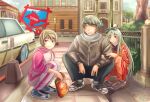  2girls axis_powers_hetalia belarus_(hetalia) blonde_hair blue_eyes bmw car eating eyes_closed fuura gopnik hair_ribbon highres lay&#039;s_(potato_chips) map motor_vehicle multiple_girls orange_track_suit pink_track_suit ribbon road russia_(hetalia) short_hair slav_squatting squatting street track_suit ukraine_(hetalia) 