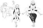  1boy 1girl ahoge arm_up ash0829117 boruto:_naruto_next_generations chair facial_mark fingerless_gloves forehead_protector full_body gloves greyscale hairband jacket jumping konohagakure_symbol long_hair monochrome naruto_(series) open_mouth pants robe running short_hair shorts sitting uchiha_nanashi uzumaki_boruto whisker_markings 