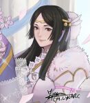  1girl black_hair bouquet brown_eyes cm_lynarc dress fire_emblem fire_emblem_awakening fire_emblem_heroes fur_trim gold_trim highres holding holding_bouquet long_hair looking_at_viewer official_alternate_costume say&#039;ri_(bridal)_(fire_emblem) say&#039;ri_(fire_emblem) smile solo tiara upper_body wedding wedding_dress white_dress 