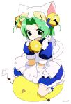  1girl absurdres ahoge animal_hat apron bell blue_dress cat_hat copyright_name dejiko di_gi_charat dress flag gema green_eyes green_hair hair_bell hair_ornament hat highres jingle_bell jiryu50610218 mittens open_mouth paw_shoes short_hair short_sleeves simple_background sitting white_apron white_background white_flag white_footwear white_headwear white_mittens 