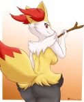  anthro areola big_breasts big_butt braixen breasts butt canid canine digital_media_(artwork) dmoon female fur generation_6_pokemon hi_res inner_ear_fluff looking_at_viewer looking_back looking_back_at_viewer mammal nintendo nipples nude pokemon pokemon_(species) red_body red_eyes red_fur simple_background smile smiling_at_viewer solo stick tail thick_thighs tuft white_body white_fur wide_hips yellow_body yellow_fur 