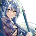  1girl blurry blurry_background breasts eiyuu_densetsu hair_between_eyes holding holding_sword holding_weapon large_breasts laura_s._arseid long_hair looking_at_viewer natsusechoco necktie ponytail portrait school_uniform sen_no_kiseki solo sword thors_military_academy_class_vii_uniform uniform weapon yellow_eyes 