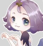  1girl :3 acerola_(pokemon) bare_back dot_nose eyelashes flipped_hair ghost_pose grey_background grey_eyes hair_ornament i1013n outline pokemon pokemon_(game) pokemon_sm purple_hair short_hair short_sleeves smile solo twitter_username upper_body white_outline 