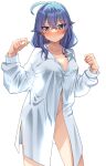  1girl absurdres ahoge blue_eyes blue_hair blush breasts chubb closed_mouth collarbone covered_nipples cowboy_shot crossed_bangs hair_flaps hands_up highres light_frown long_hair long_sleeves looking_at_viewer mushoku_tensei naked_shirt paid_reward_available partially_unbuttoned roxy_migurdia see-through_silhouette shirt simple_background solo white_background white_shirt 