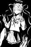  1girl :d blunt_bangs bow chouzetsusaikawa_tenshi-chan cowboy_shot double_v greyscale hair_bow hair_ornament halo hands_up heart heart_hair_ornament highres jiz_(pffbq) long_hair long_sleeves looking_at_viewer monochrome needy_girl_overdose open_mouth pleated_skirt quad_tails sailor_collar school_uniform serafuku skirt smile solo v very_long_hair wings 