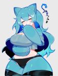  anthro arm_under_breasts big_breasts blue_hair breasts cleavage clothed clothing eyes_closed female generation_1_pokemon hair hi_res long_hair mouth_closed nintendo pokemon pokemon_(species) snorlax solo thick_thighs togetoge 