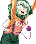  1girl accidental_exposure adapted_costume arms_up blush breasts bright_pupils clothes_lift commentary_request constricted_pupils cowboy_shot eyeball green_eyes green_hair green_headwear green_overalls grey_background hair_between_eyes komeiji_koishi long_bangs long_sleeves looking_at_viewer medium_breasts navel neck_ribbon nipples open_mouth purple_ribbon ribbon shimizu_pem shirt shirt_lift short_hair simple_background smile solo sweat teeth third_eye tongue touhou yellow_shirt 