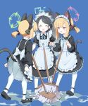  3girls absurdres apron aris_(blue_archive) aris_(maid)_(blue_archive) black_hair blonde_hair blue_archive closed_eyes game_development_department_(blue_archive) green_eyes halo highres looking_at_viewer maid maid_apron maid_headdress meng_yin midori_(blue_archive) midori_(maid)_(blue_archive) momoi_(blue_archive) momoi_(maid)_(blue_archive) multiple_girls official_alternate_costume official_alternate_hairstyle pantyhose pink_eyes white_pantyhose 