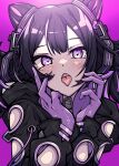  1girl absurdres black_hair black_jacket cone_hair_bun double_bun girls&#039;_frontline gloves hair_bun headphones highres jacket kac-pdw_(girls&#039;_frontline) kakuzatou_(cubesugar03196) long_hair looking_at_viewer open_mouth purple_background purple_eyes purple_gloves simple_background solo tongue upper_body 