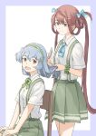  :d asagumo_(kancolle) blue_ribbon border bow bowtie brown_eyes brown_hair brushing_hair cowboy_shot from_side green_bow green_bowtie green_hairband green_scrunchie grey_eyes grey_hair grey_skirt hair_between_eyes hair_ribbon hairband highres kantai_collection long_hair looking_at_another looking_at_viewer pleated_skirt purple_border ribbon school_uniform scrunchie shirt short_sleeves simple_background skirt smile suspenders taruya wavy_hair white_background white_shirt wrist_scrunchie yamagumo_(kancolle) 