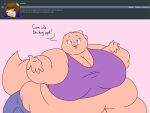  2018 4:3 5_fingers anthro ask_blog batspid2 belly big_belly big_breasts blue_clothing bottomwear breasts cleavage clothed clothing crop_top cutoffs denim denim_clothing dialogue digital_drawing_(artwork) digital_media_(artwork) english_text exclamation eyebrows eyelashes female fingers flabby_arms flat_colors frill_(anatomy) head_crest head_frill huge_breasts juna_(batspid2) lizard love_handles membrane_(anatomy) membranous_frill midriff morbidly_obese morbidly_obese_anthro morbidly_obese_female navel obese obese_anthro obese_female overweight overweight_anthro overweight_female pink_background pink_body pink_skin purple_clothing purple_eyes reptile scalie shirt shorts simple_background smile solo tail text topwear 