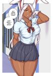  2023 animal_humanoid bottomwear bow_tie breasts brown_body brown_skin clothing dress_shirt english_text female gloves hair handwear humanoid lagomorph lagomorph_humanoid leporid_humanoid mammal mammal_humanoid miruko my_hero_academia rabbit_humanoid redjet00 school_uniform shirt skirt solo text topwear uniform white_hair 