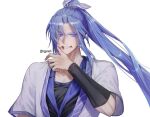  1boy artist_name blood blood_on_face blue_hair collarbone drggarashi english_text khun_edhuan long_hair looking_at_viewer male_focus ponytail purple_eyes short_sleeves smile solo tower_of_god traditional_clothes twitter_username very_long_hair white_background wiping_blood 