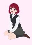  1girl absurdres arima_kana black_skirt black_socks black_sweater_vest bob_cut brown_footwear full_body highres inverted_bob looking_at_viewer opa515 open_mouth oshi_no_ko pink_background red_eyes red_hair shirt short_hair simple_background sitting skirt smile socks sweater_vest white_shirt 