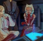  1girl ahsoka_tano anakin_skywalker beard belt black_gloves blue_eyes boots brown_belt chair facial_hair fingerless_gloves gloves hologram legs mole mole_under_eye obi-wan_kenobi science_fiction sitting star_wars star_wars:_the_clone_wars strawberryreddy togruta 