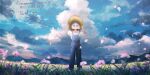  1girl blue_eyes blue_overalls blue_sky cloud cloudy_sky commission day field flower flower_field hat highres kofi59652451 original outdoors overalls petals scenery shirt short_hair skeb_commission sky solo standing straw_hat thank_you white_hair white_shirt 