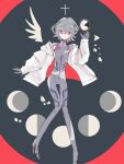  1girl ayanami_rei blue_hair bodysuit broken_mirror cross grey_bodysuit hair_between_eyes hand_mirror highres interface_headset jacket looking_at_viewer mirror moon_phases nanamiya_ten neon_genesis_evangelion parted_lips plugsuit red_eyes short_hair simple_background solo white_jacket 