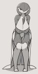  bent_over big_breasts breasts cleavage clothed clothing female gardevoir generation_3_pokemon greyscale hair hair_over_eye huge_breasts humanoid humanoid_pointy_ears looking_at_viewer monochrome nintendo nipple_outline not_furry one_eye_obstructed pokemon pokemon_(species) simple_background solo uenositasayuu white_background 