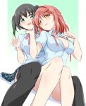  2girls bare_legs black_hair black_thighhighs blue_shirt blue_skirt blush breasts bunji collarbone collared_shirt commentary_request convenient_leg dutch_angle feet_out_of_frame gradient_background gradient_hair green_background green_eyes hair_between_eyes hair_bun hair_in_own_mouth hand_on_another&#039;s_chin hand_up hands_up heads_together highres holding holding_ribbon knees_together_feet_apart knees_up looking_at_another looking_back love_live! love_live!_nijigasaki_high_school_idol_club medium_breasts medium_hair miniskirt multicolored_hair multiple_girls neck_ribbon no_bra open_mouth panties pantyshot parted_lips partially_unbuttoned pink_panties plaid plaid_skirt pleated_skirt raised_eyebrows red_hair red_ribbon ribbon shirt short_hair single_side_bun sitting skirt spread_legs sweatdrop takasaki_yuu thighhighs twintails two-tone_hair uehara_ayumu underwear undone_neck_ribbon untied wavy_mouth white_background yellow_eyes yuri 