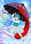  1girl :d absurdres aqua_skirt arm_up blue_background blue_eyes blue_hair blue_sky blue_vest cloud commentary_request danmaku day full_body geta heterochromia highres holding holding_umbrella juliet_sleeves karakasa_obake long_sleeves looking_at_viewer magic_circle medium_hair no_socks open_mouth parasite_oyatsu puffy_sleeves purple_umbrella red_eyes shirt skirt sky smile solo tatara_kogasa tongue touhou umbrella vest white_shirt zun_(style) 