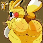  anthro big_breasts big_butt blush bodily_fluids breasts butt digital_media_(artwork) female fusion generation_1_pokemon hi_res hybrid hybrid_pokemon nintendo pikachu pokemon pokemon_(species) pokemon_infinite_fusion sandshrew simple_background softestpuffss solo sweat thick_thighs 