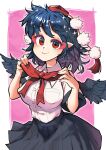  1girl bird_wings black_hair black_skirt blush bow bowtie breasts carte covered_nipples cowboy_shot feathered_wings hands_up hat highres large_breasts looking_at_viewer medium_hair pointy_ears pom_pom_(clothes) purple_background red_bow red_bowtie red_eyes shameimaru_aya shirt short_sleeves simple_background skirt smile solo sparkle tassel tokin_hat touhou white_shirt wing_collar wings 