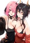  2girls absurdres ahoge au_ra avatar_(ff14) bikini bikini_top_only black_bra black_hair bra breast_press breasts censored cleavage commission dragon_horns final_fantasy final_fantasy_xiv hair_between_eyes hair_over_one_eye hand_on_another&#039;s_waist highres horns ibaraki_shun kaenbyou_rin large_breasts mosaic_censoring multiple_girls off-shoulder_sweater off_shoulder red_eyes scales selfie short_hair short_hair_with_long_locks skeb_commission sweater swimsuit symmetrical_docking underwear white_background yellow_eyes 