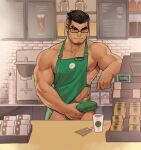  1boy absurdres apron artist_name bara black_hair briefs bulge closed_mouth cup disposable_cup drinking_straw erection erection_under_clothes facial_hair glasses green_apron green_male_underwear highres indoors large_pectorals male_focus male_underwear muscular muscular_male nipples original pectorals short_hair smile solo underwear whyhelbram 