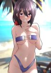  1girl ariake_(kancolle) beach bikini black_hair blue_sky breasts cloud cowboy_shot day furaggu_(frag_0416) hand_on_own_chest highleg highleg_bikini highres horizon kantai_collection long_hair looking_at_viewer low_ponytail medium_breasts ocean official_alternate_costume one-hour_drawing_challenge outdoors parted_lips purple_bikini purple_eyes sky solo standing swimsuit 