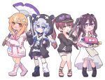  4girls amane_kanata amane_kanata_(6th_costume) angel angel_wings azki_(4th_costume)_(hololive) azki_(hololive) baseball_cap black_footwear black_headwear black_jacket blonde_hair blue_hair boots brown_hair colored_inner_hair commentary_request earrings eyewear_on_head flower gold_earrings grey_shorts gun hair_flower hair_ornament hat heart heart-shaped_eyewear heart_earrings highres hitsuji_nata holding holding_gun holding_weapon hololive hood hood_up houshou_marine houshou_marine_(summer) jacket jewelry long_hair looking_at_viewer multicolored_hair multiple_girls n-zap_(splatoon) o-ring o-ring_thigh_strap official_alternate_costume open_mouth painbrush_(splatoon) pink_hair ponytail purple_eyes red_eyes red_hair red_jacket shiranui_flare shiranui_flare_(4th_costume) short_shorts shorts single_earring single_fishnet_legwear smile splatoon_(series) splatoon_3 splattershot_(splatoon) streaked_hair sunglasses tentacle_hair thigh_strap two-sided_fabric two-sided_jacket virtual_youtuber weapon white_footwear white_hair wings yellow_eyes 