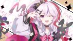  1girl ;d absurdres anqing black_bow bow hair_bow hair_ornament hand_over_eye hand_up highres jacket long_sleeves looking_at_viewer maria_marionette medium_hair multicolored_hair nijisanji nijisanji_en one_eye_closed pink_hair ponytail puffy_long_sleeves puffy_sleeves purple_eyes purple_hair smile solo streaked_hair stuffed_animal stuffed_rabbit stuffed_toy teeth upper_body upper_teeth_only virtual_youtuber w white_jacket x_hair_ornament 