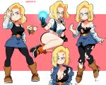  1girl android_18 belt black_footwear black_gloves black_pantyhose black_vest blue_eyes blue_skirt blunt_ends boots breasts breasts_apart brown_belt brown_footwear character_name cleavage dragon_ball dragon_ball_z earrings gloves glowing highres jewelry looking_at_viewer medium_breasts multiple_views necklace no_bra orange_socks pantyhose scott_malin shirt shirt_tucked_in skirt socks striped_sleeves tied_shirt torn_clothes vest white_shirt 