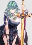  1girl amu_(nsk0) aqua_eyes arm_up breasts byleth_(female)_(fire_emblem) byleth_(fire_emblem) choker cleavage closed_mouth dancer dancer_(three_houses) dress fire_emblem fire_emblem:_three_houses green_eyes green_hair large_breasts looking_at_viewer medium_hair official_alternate_costume single-shoulder_dress solo sword_of_the_creator 