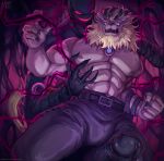  abs anthro bandai_namco big_penis blonde_hair clawed_fingers clothed clothing corruption devimon digimon digimon_(species) duo erection genitals groping_from_behind hair hi_res huge_penis leomon male male/male mane muscular muscular_anthro muscular_male nipples nurinaki pecs penis red_eyes topless 