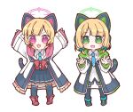  2girls animal_ear_headphones animal_ears black_footwear black_skirt black_thighhighs blonde_hair blue_archive blue_bow blue_necktie bow collared_shirt fake_animal_ears full_body green_eyes green_halo hair_bow halo headphones jacket long_sleeves makiemon midori_(blue_archive) momoi_(blue_archive) multiple_girls necktie open_clothes open_jacket open_mouth pink_hair pleated_skirt red_bow red_footwear red_halo shirt shoes short_hair siblings simple_background sisters skirt smile thighhighs twins white_background white_jacket white_shirt 