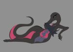  2021 aggressykhressy anthro black_body bottomless bottomless_anthro bottomless_female clothed clothing clothing_lift female front_view generation_7_pokemon grey_background navel nintendo pokemon pokemon_(species) purple_eyes reclining salazzle scalie shirt shirt_lift simple_background solo topwear 