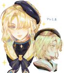  1boy absurdres androgynous beret black_headwear black_shirt blonde_hair blue_eyes blue_jacket character_name closed_mouth colored_eyelashes facing_to_the_side freckles freminet_(genshin_impact) genshin_impact haamtart hair_over_one_eye hat highres jacket long_eyelashes looking_ahead looking_at_viewer male_focus multicolored_eyes one_eye_covered purple_eyes shirt solo sparkle white_background 