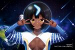  1girl alien black_hair blunt_bangs blush bob_cut bodypaint boomerang breasts cleavage cleavage_cutout clothing_cutout comet dark-skinned_female dark_skin dress earth_(planet) emotional_engine_-_full_drive falling_star fate/grand_order fate_(series) fishbowl_helmet flat_chest floating glowing glowing_hair helmet long_sleeves looking_at_viewer moon night night_sky nipples nude open_clothes petite planet short_dress short_hair sky sleeves_past_wrists small_breasts smile solo space space_helmet spacesuit standing star_(sky) starry_sky sweater twitter_username very_dark_skin wandjina_(fate) wandjina_(fate)_(first_ascension)_(fate) xkzan yellow_eyes 