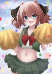  1girl :d alternate_costume aqua_eyes black_ribbon brown_hair cheerleader cowboy_shot crop_top green_skirt hachijou_(kancolle) hair_ribbon highres holding holding_pom_poms kantai_collection midriff miniskirt navel pleated_skirt pom_pom_(cheerleading) ribbon ryouki_(34388923) short_hair skirt smile solo twitter_username 