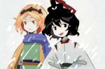  2others black_eyes black_hair black_hairband black_headwear closed_mouth cocopalm commentary detached_sleeves eye_of_senri frown green_kimono hairband hat hat_ribbon japanese_clothes kariginu kimono len&#039;en long_sleeves looking_ahead looking_at_viewer multiple_others open_mouth orange_eyes orange_hair orange_sleeves other_focus purple_scarf red_ribbon ribbon scarf senri_tsurubami short_hair smile snowing teeth upper_body upper_teeth_only white_background white_sleeves zuifeng_tenkai 