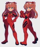  1girl ass blue_eyes blush bodysuit bright_pupils brown_hair hands_on_hips interface_headset long_hair looking_at_viewer neon_genesis_evangelion open_mouth pilot_suit plugsuit red_bodysuit slammo smile solo souryuu_asuka_langley white_pupils 