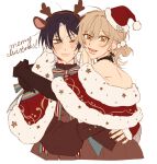  1boy 1girl absurdres alternate_costume bare_shoulders black_nails blonde_hair blue_eyes couple english_text genshin_impact hetero highres lumine_(genshin_impact) majunjuu merry_christmas one_eye_closed purple_hair scaramouche_(genshin_impact) simple_background upper_body white_background yellow_eyes 